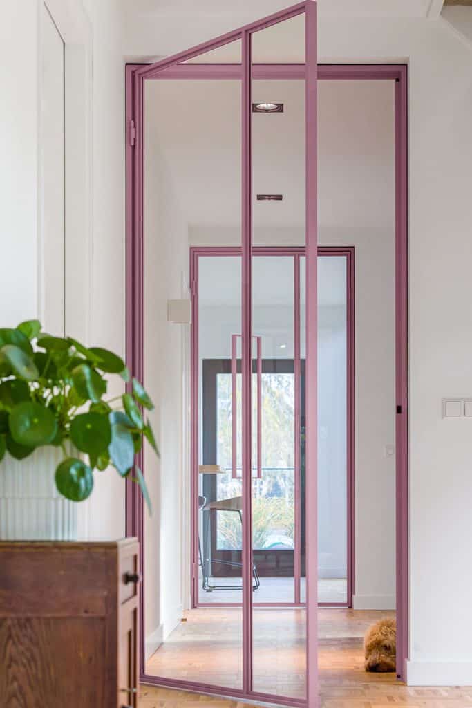 Roze stalen deurkozijn in modern interieur met plant.